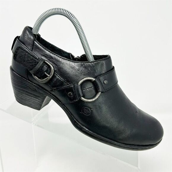 Born Women's Black Leather Western Ankle Booties Size 7.5 Harness Strap Zip - Picture 1 of 14